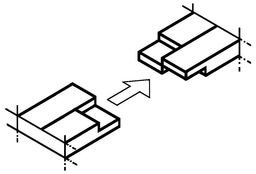 Diagram przedstawiający dwie figury geometryczne ze strzałką wskazującą transformację, sugerujący warstwowość architektoniczną lub proces montażu.