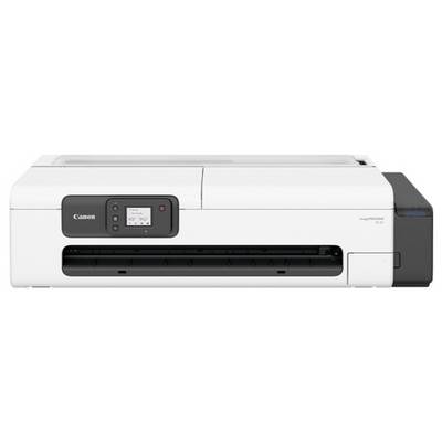 Biała drukarka Canon imagePROGRAF z panelem sterowania wyposażonym w przyciski zasilania i menu, przeznaczona do profesjonalnego drukowania.