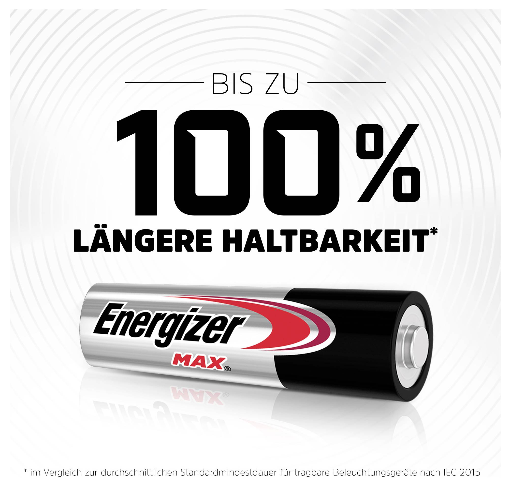 Do 100% dłuższej żywotności" napisane jest nad ilustracją baterii Energizer.
