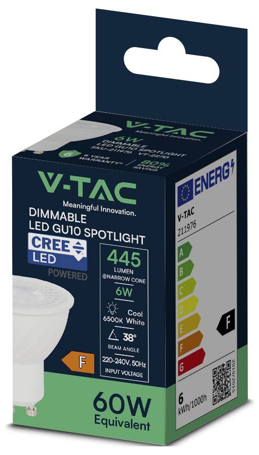 Opakowanie żarówki LED V-TAC GU10 ściemnialnej, 445 lumenów, zużycie energii 6W, odpowiednik 60W, światło chłodnobiałe 6500K, klasa energetyczna F.
