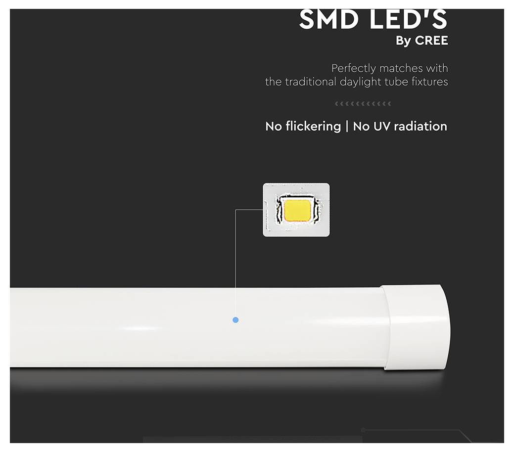 Świetlówka LED SMD z technologią CREE, oznaczona jako wolna od migotania i promieniowania UV, pasująca do tradycyjnych opraw oświetleniowych dziennego światła.