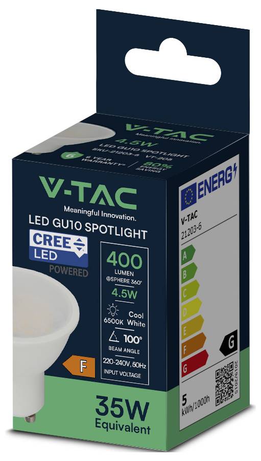 Reflektor LED V-TAC GU10 o mocy 4,5W, odpowiadający 35W, generujący 400 lumenów, o świetle zimnym 6500K, z kątem świecenia 100 stopni, klasy energetycznej G.