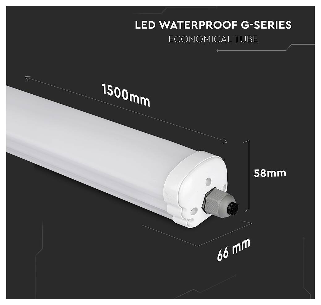 Świetlówka LED oznaczona jako 'Seria Wodoodporna G, Ekonomiczna Świetlówka' o wymiarach: długość 1500 mm, wysokość 58 mm, szerokość 66 mm.