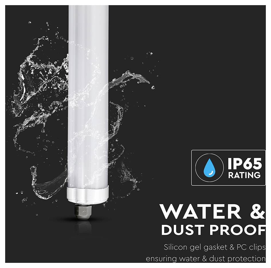 Etykieta "Stopień ochrony IP65" obok pionowej lampy rurowej z rozbryzgami wody. Tekst głosi "Odporna na wodę i pył", podkreślając jej wytrzymałą konstrukcję.