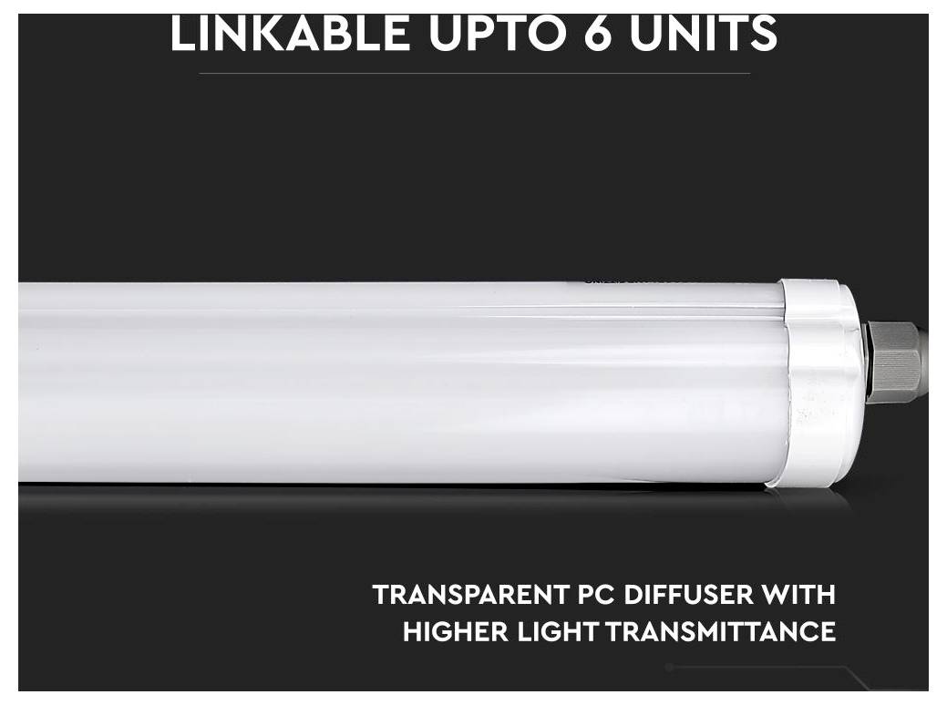 Świetlówka LED, oznaczona napisem 'Możliwość połączenia do 6 jednostek' z napisem 'Przezroczysty dyfuzor PC o wyższej przepuszczalności światła' poniżej.