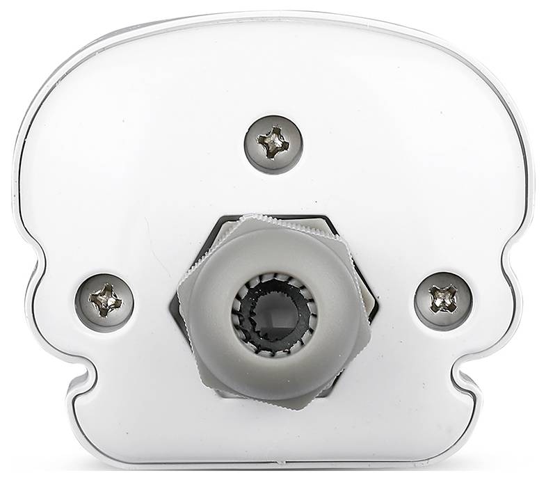 Obraz przedstawia widok od spodu białego urządzenia z trzema śrubami i centralnym, okrągłym złączem lub gniazdem.