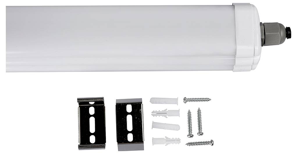 Biała świetlówka LED z gwintem śrubowym, uchwytami, śrubami i kołkami rozporowymi do montażu.