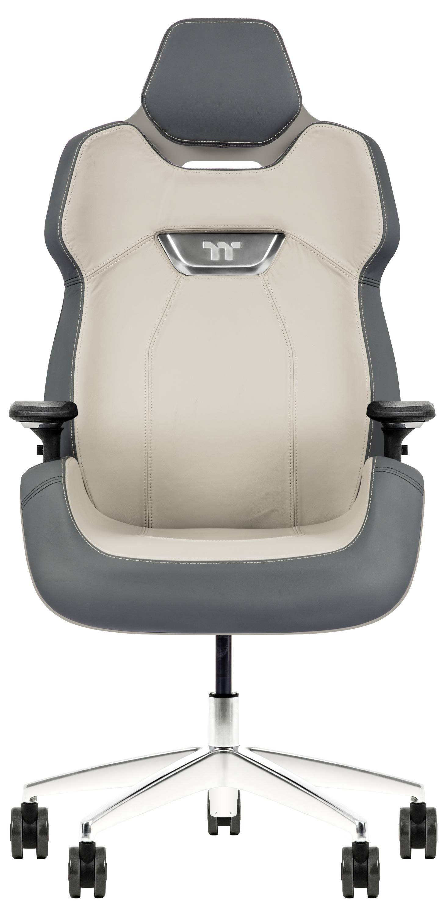 Nowoczesny ergonomiczny fotel biurowy z wysokim oparciem, tapicerką w kolorach szarym i beżowym, regulowanymi podłokietnikami oraz podstawą na pięciu kółkach.