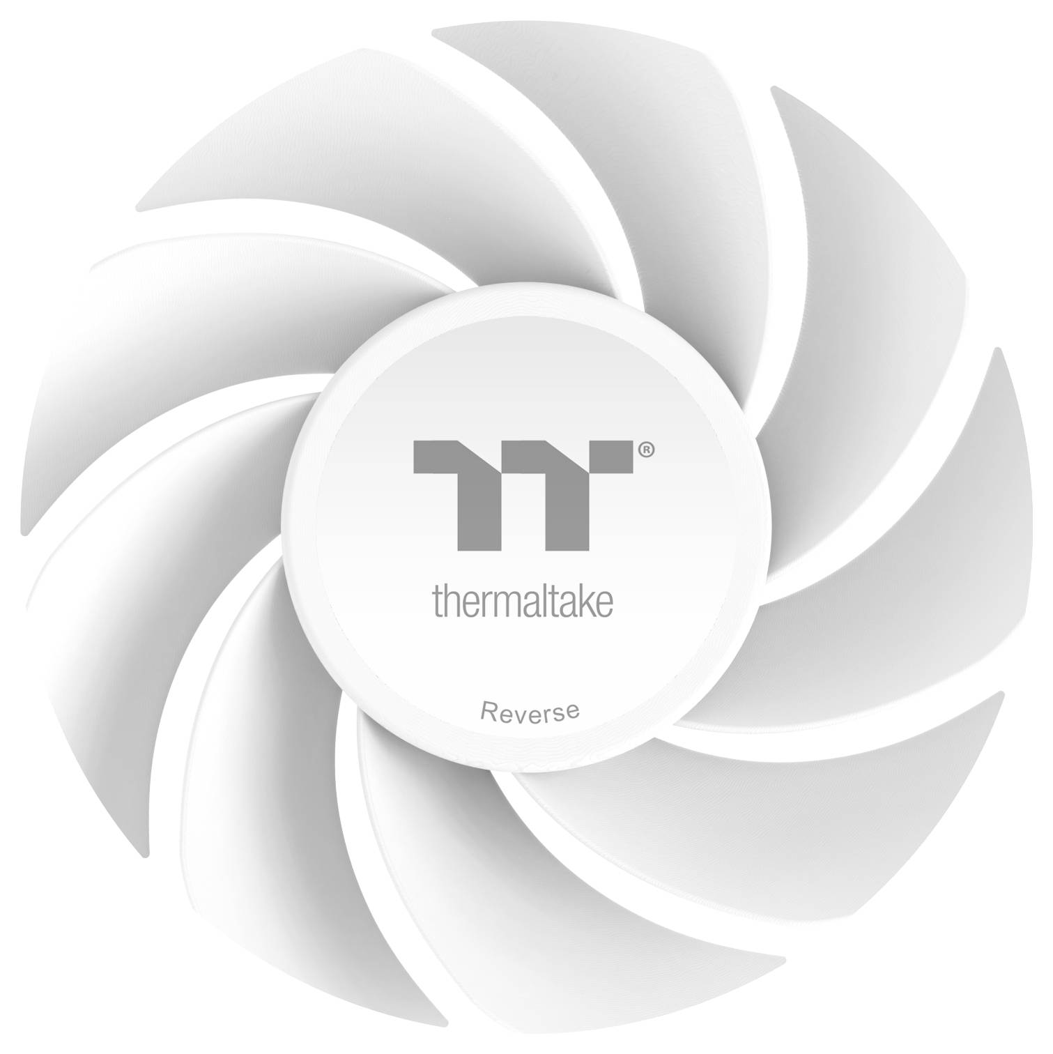 Biały wentylator chłodzący z dziewięcioma łopatkami, z logo Thermaltake na środku, oznaczony napisem 'thermaltake Reverse'.