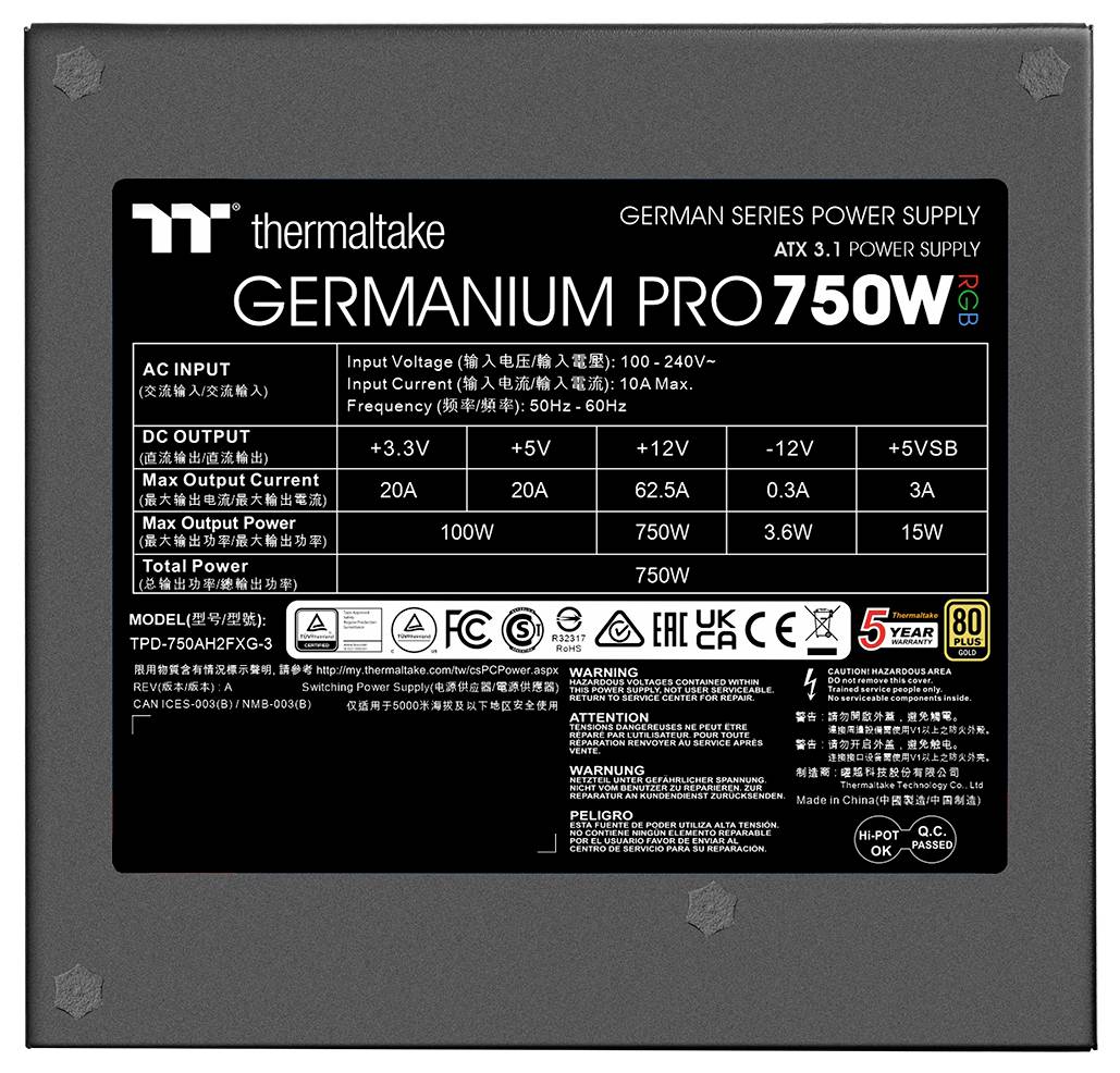 'Zasilacz Thermaltake Germanium Pro 750W RGB z wejściem AC, specyfikacją wyjścia DC, szczegółami modelu oraz certyfikatem 80+ Gold.'