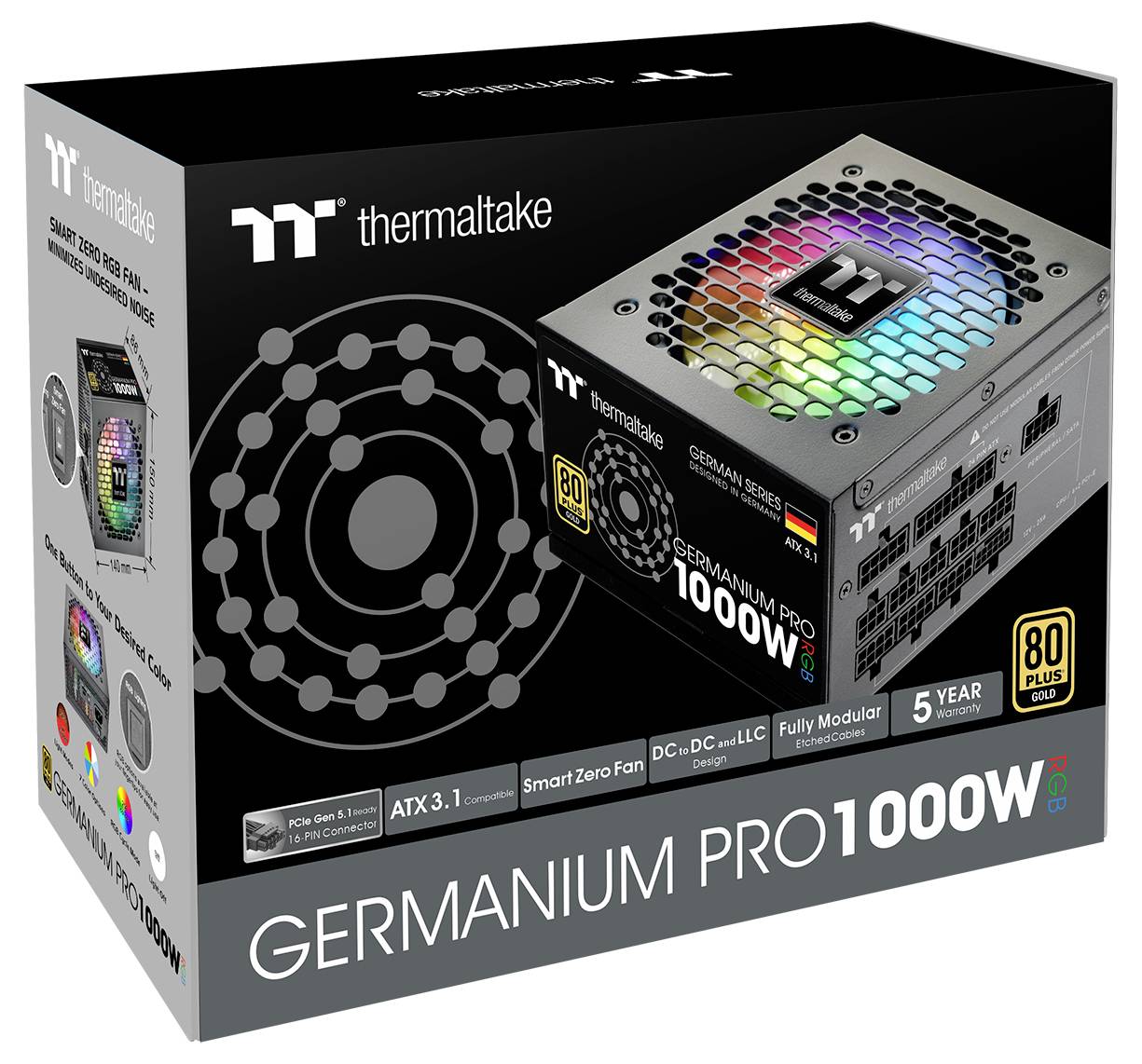 Zasilacz Thermaltake Germanium Pro 1000W - pudełko z obrazem produktu, prezentujące kluczowe cechy takie jak podświetlenie RGB, w pełni modułowa konstrukcja oraz certyfikat 80 Plus Titanium.
