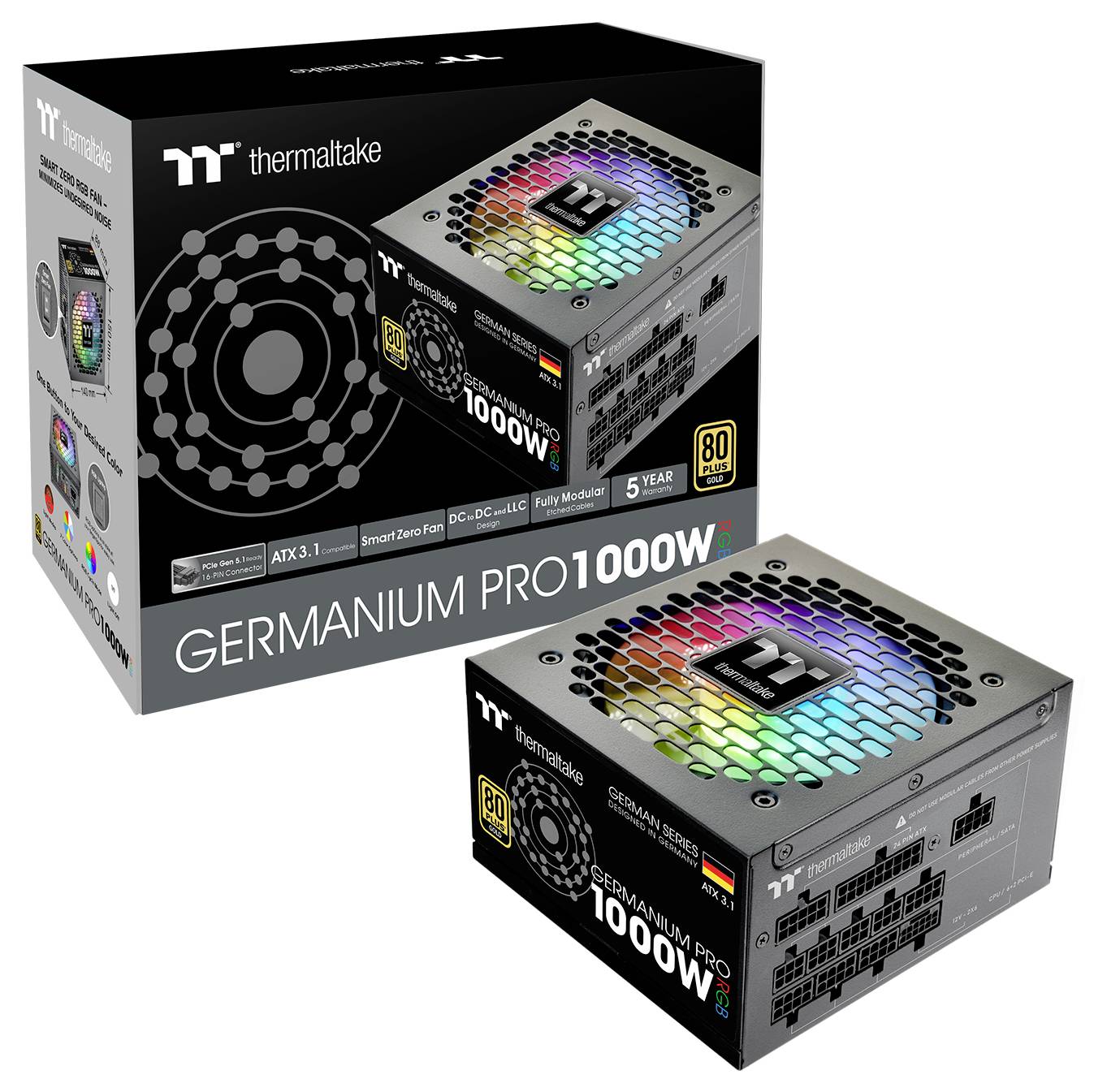 Obraz zasilacza Thermaltake Germanium PRO 1000W z podświetleniem RGB oraz pudełkiem, na którym prezentowane są kluczowe cechy, takie jak certyfikat 80 PLUS Platinum.