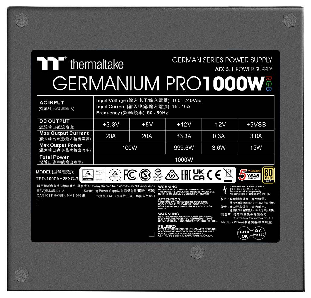 'Zasilacz Germanium Pro 1000W - etykieta: Wejście AC 100-240V, wyjście DC 12V, 5V, 3.3V. Maksymalny prąd wyjściowy: 83,3A, 25A, 20A. Całkowita moc 1000W.'