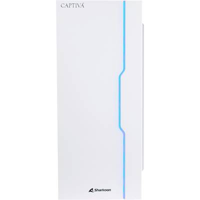 Biała obudowa komputera z pionowym niebieskim paskiem LED. W lewym górnym rogu oraz na dole znajdują się logo: 'Captiva' i 'Sharkoon'.