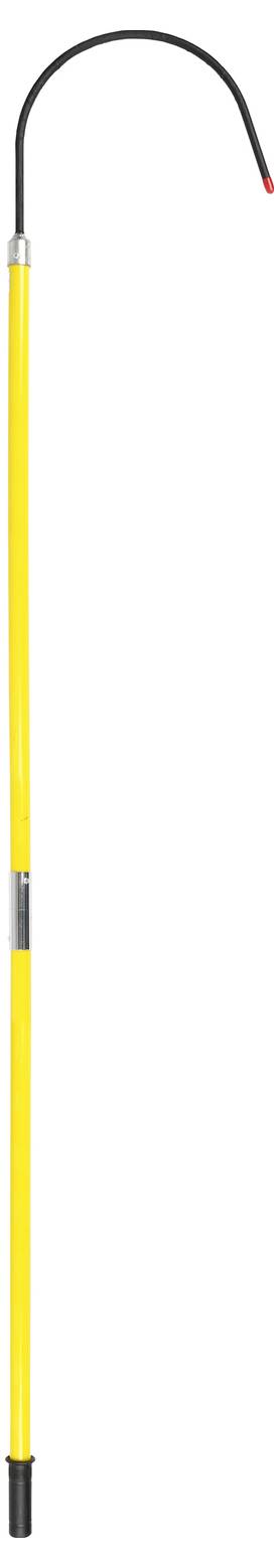 Długa, żółta laska pasterska z zakrzywionym czarnym uchwytem i czerwonym czubkiem.