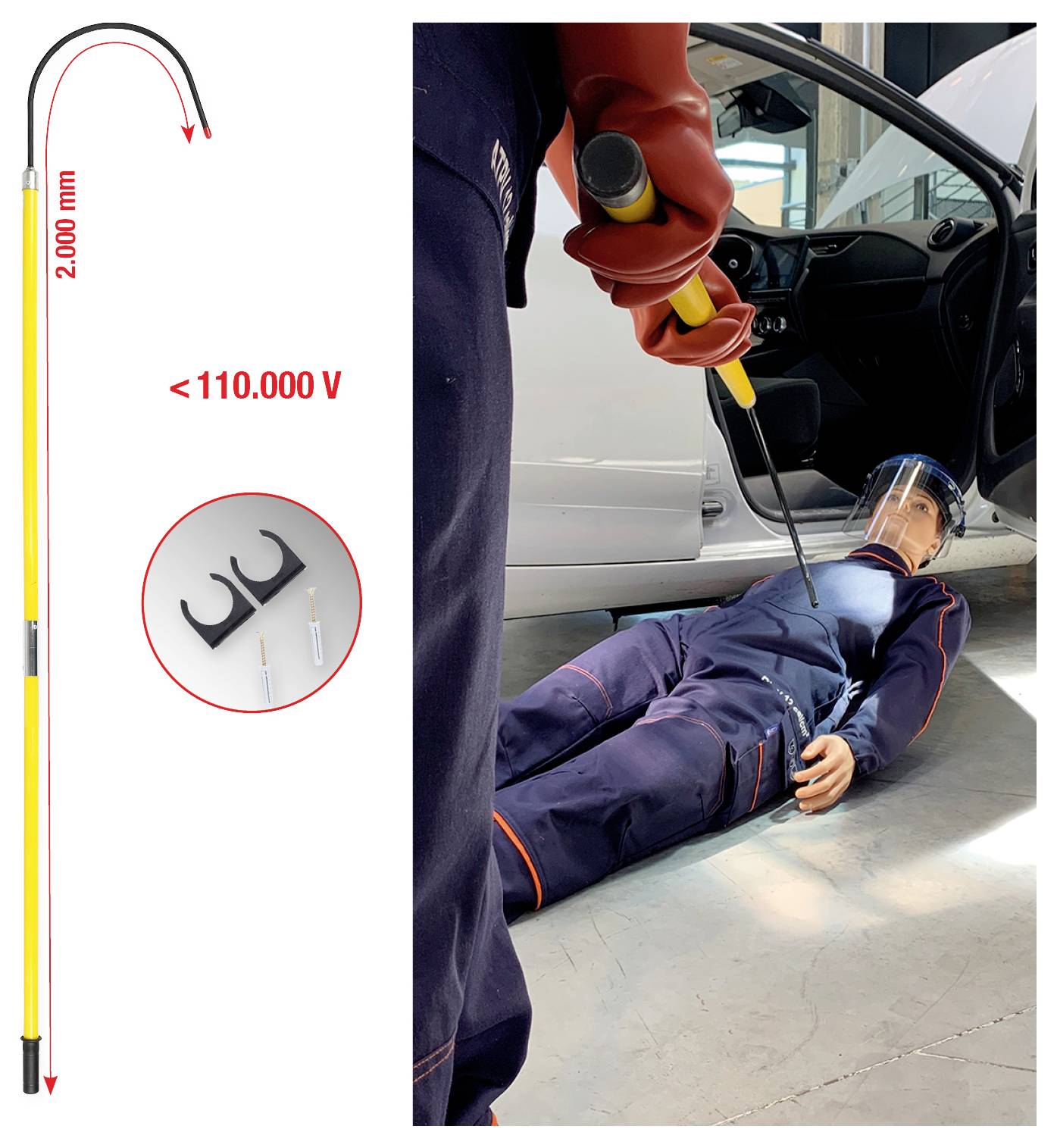 Osoba w odzieży ochronnej leży na ziemi obok samochodu, trzymając długi izolowany hak ratowniczy. Diagram przedstawia długość haka i jego parametry napięciowe.