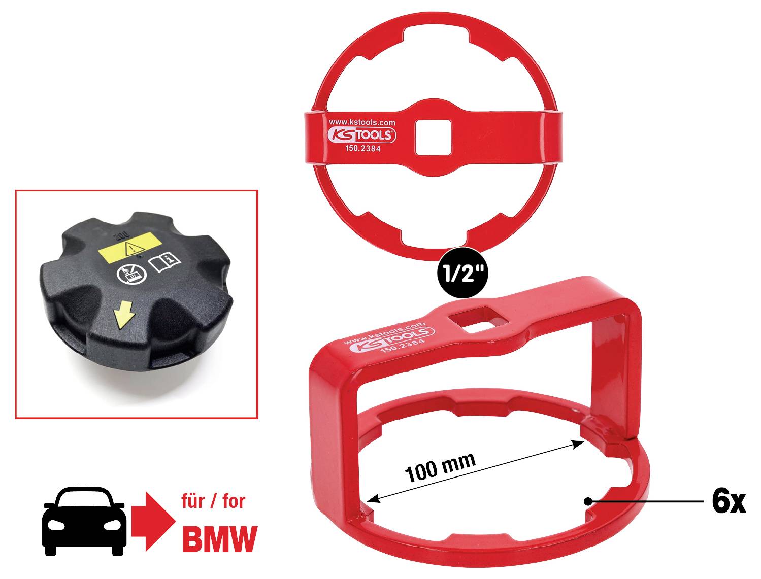 Klucz do korka oleju KS Tools 150.9234 w kolorze czerwonym do BMW, o średnicy 100 mm i napędzie 1/2". Zawiera przykładowy korek oleju.