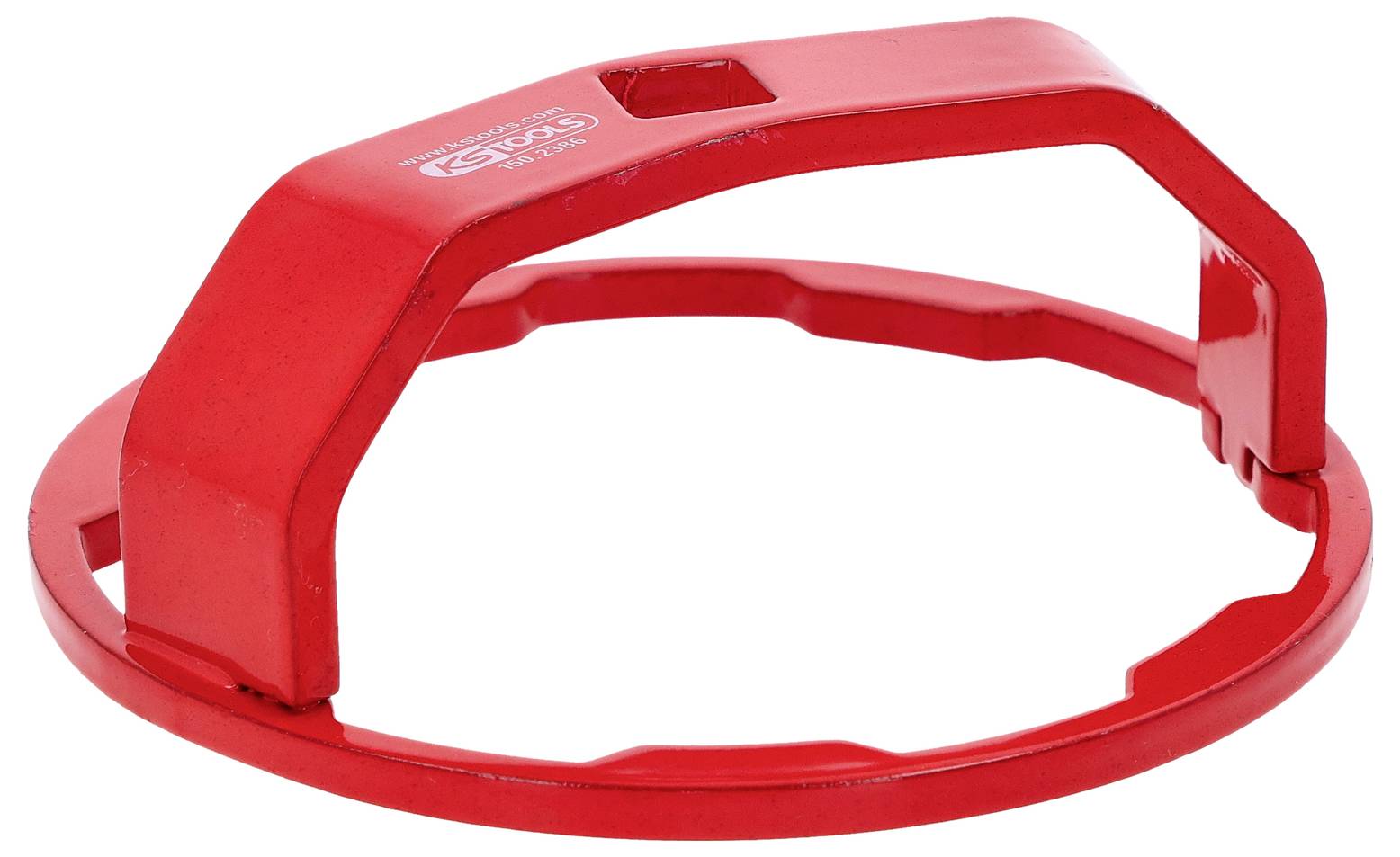 Czerwony, okrągły plastikowy przedmiot z uchwytem, używany do bezpiecznego podnoszenia metalowych pokrywek.