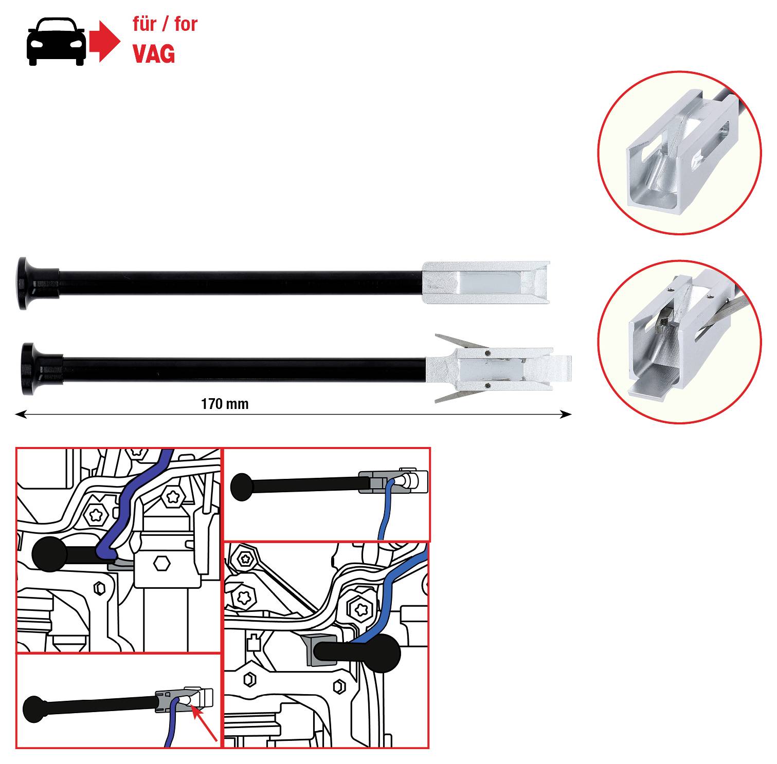 'Dwie długie czarne metalowe pręty z przyłączami, przeznaczone do pojazdów VAG. Diagramy przedstawiają instalację w silniku, z pomiarami i szczegółowymi zbliżeniami.'