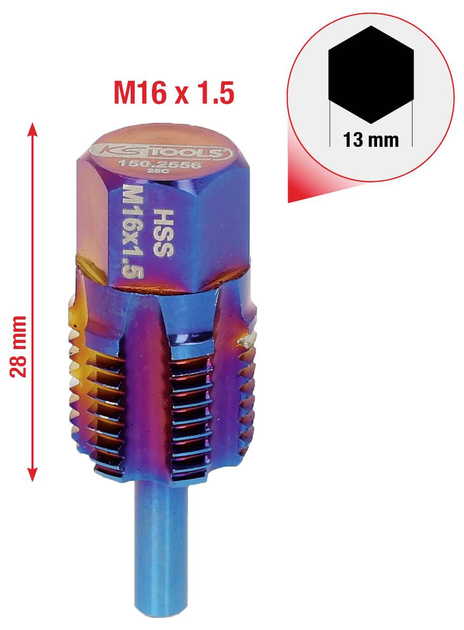 Gwałtownik oznaczony jako 'M16 x 1.5 SSH', w kolorach niebieskim i złotym, ma długość 28 mm. Pokazano sześciokątny kształt o szerokości 13 mm.