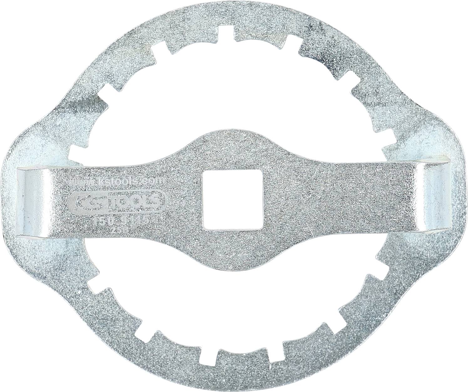 Metalowe narzędzie hydrauliczne używane do dokręcania i odkręcania nakrętek spud, wyposażone w multiple wcięcia i kwadratowy otwór w centrum do uzyskania dźwigni.
