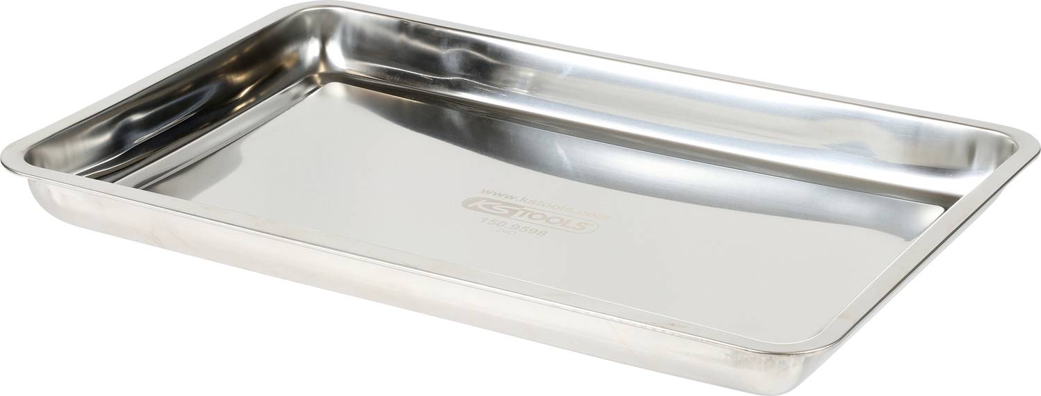 Błyszcząca, prostokątna blacha do pieczenia ze stali nierdzewnej z gładkimi krawędziami i nieznacznie podniesionymi bokami, odpowiednia do gotowania lub pieczenia.