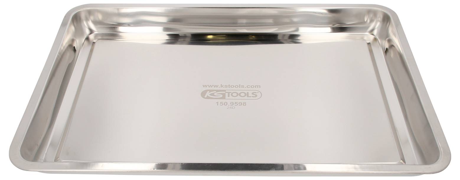 Prostokątna taca ze stali nierdzewnej o wypolerowanej powierzchni i podniesionych krawędziach, z grawerunkiem 'KS TOOLS' na środku.