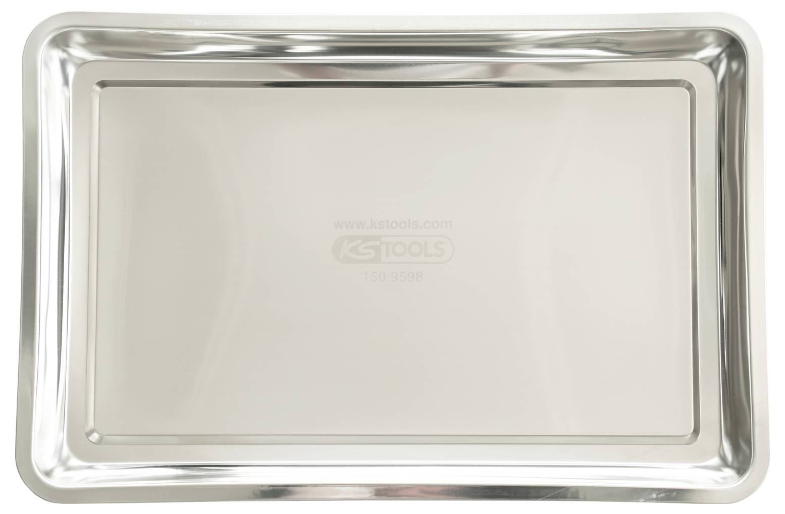 Prostokątna taca ze stali nierdzewnej z podniesionym brzegiem, odpowiednia do przechowywania małych przedmiotów lub do celów serwowania.