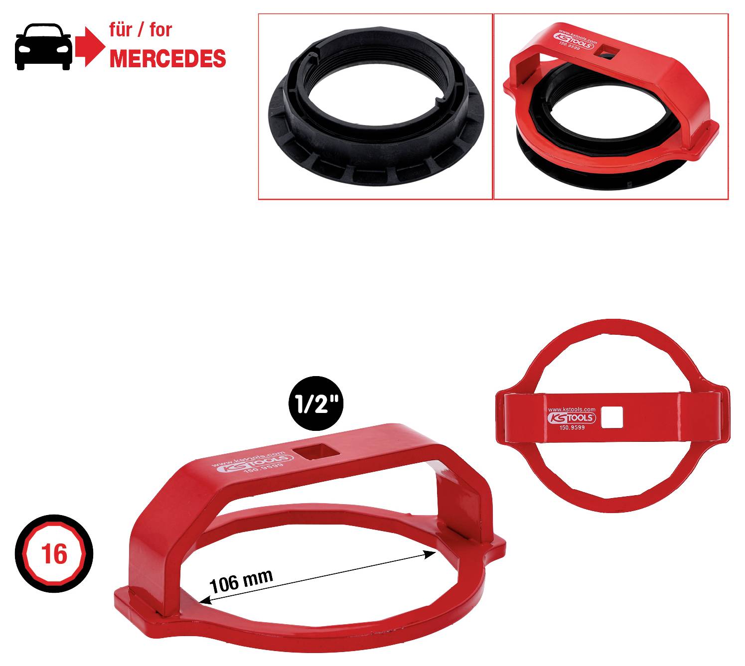 Czerwony adapter pierścienia głośnika samochodowego do Mercedesa, pokazujący wymiary: średnica 106 mm, głębokość 1/2 cala. Zawiera dwa czarne pierścienie.