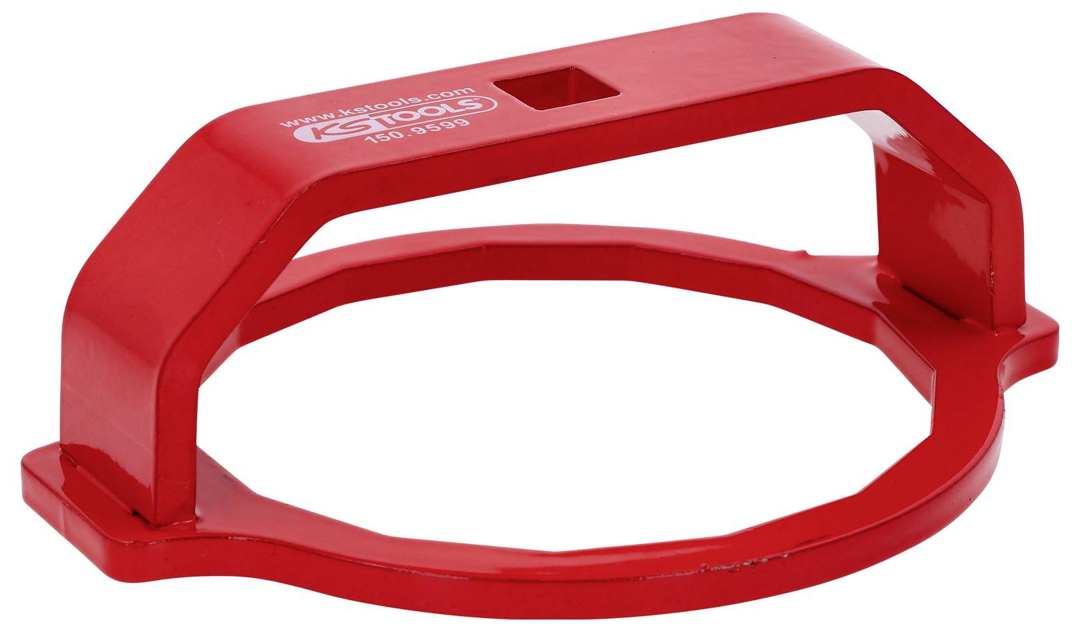 Czerwony, okrągły klucz do filtrów oleju marki KS Tools z uchwytem, używany do zdejmowania i zakładania filtrów oleju w pojazdach.