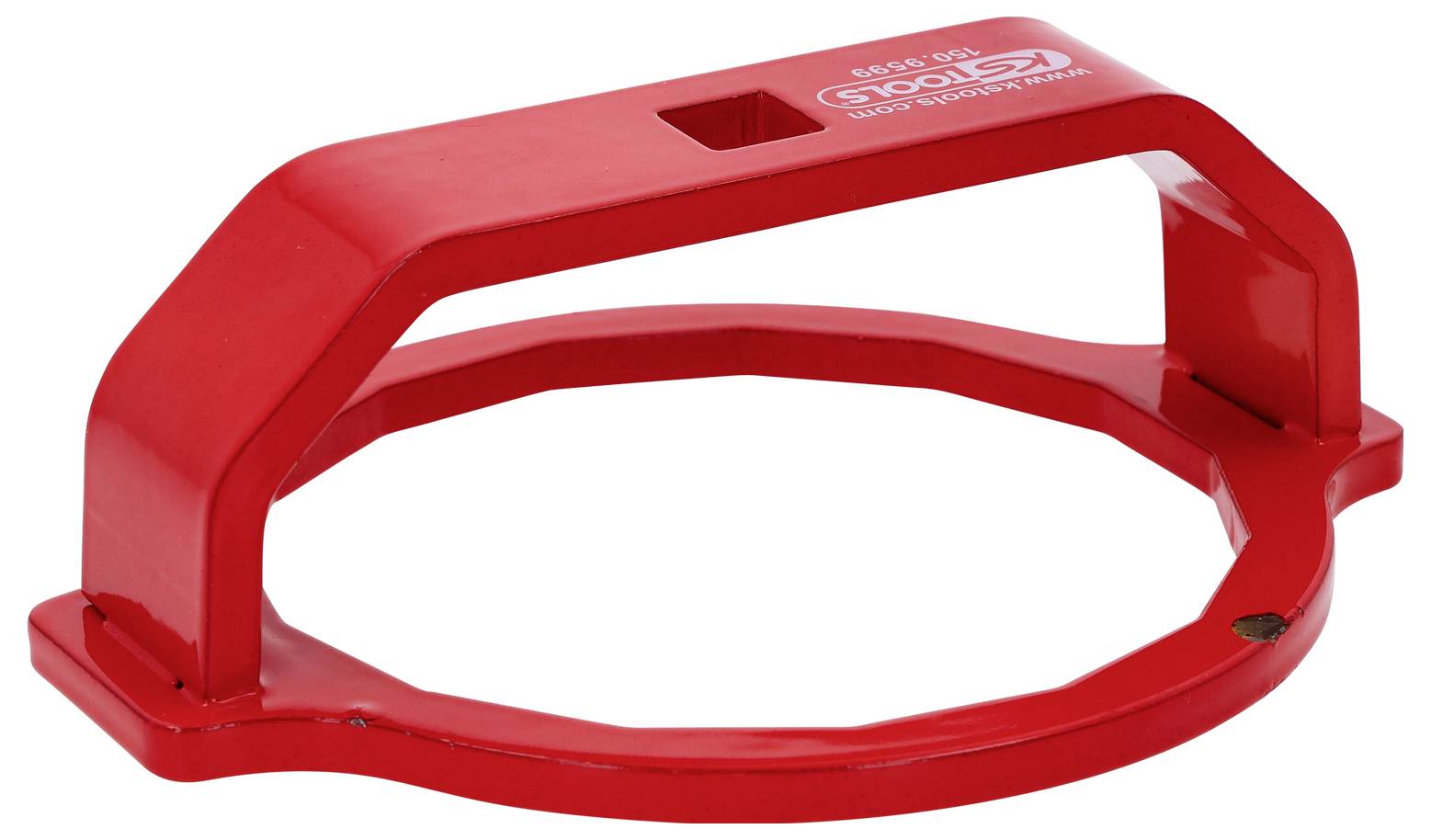 Czerwony plastikowy klucz do filtrów oleju z prostokątną rączką, przeznaczony do bezpiecznego zdejmowania i zakładania filtrów oleju.