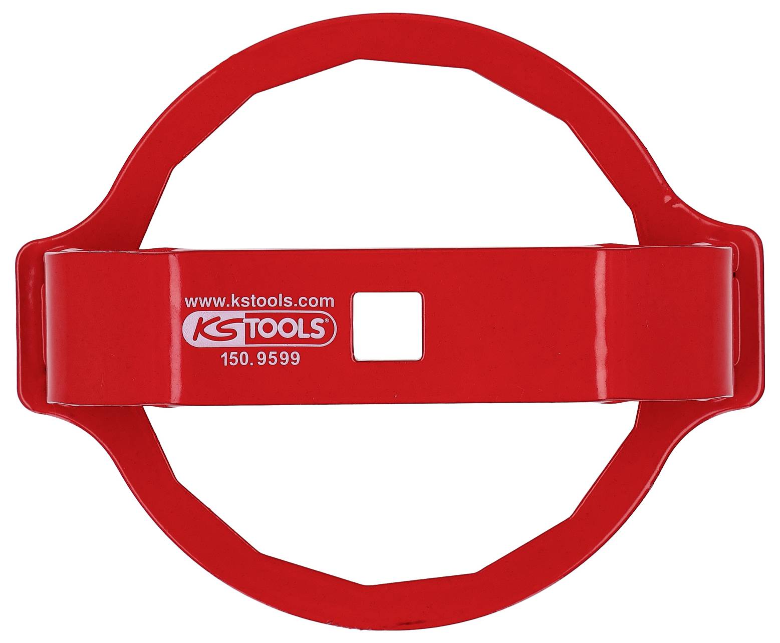 Czerwony metalowy klucz do filtrów oleju z kwadratowym gniazdem pośrodku, zaprojektowany do łatwego demontażu i montażu filtrów oleju.