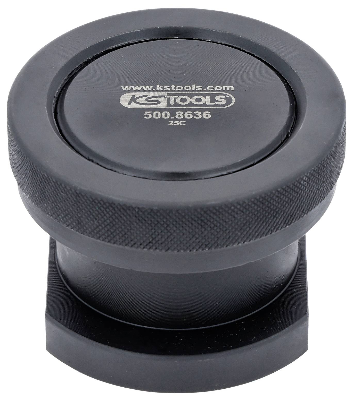 Czarny magnetyczny zacisk uziemiający do spawania z nadrukiem 'www.kstools.com' oraz modelem '500.8636' na wierzchu, zaprojektowany do pewnego mocowania połączeń metalowych.