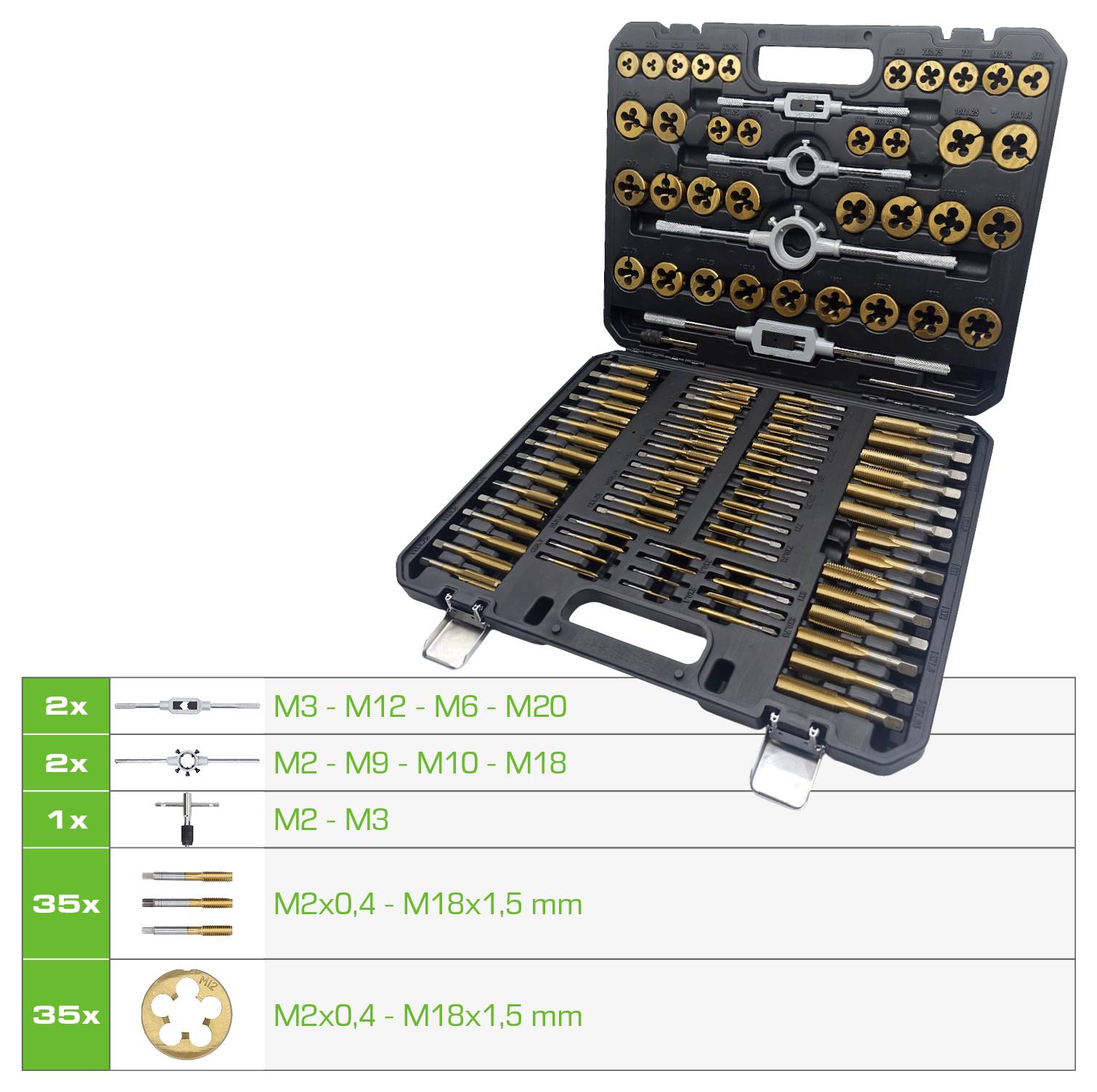 Zestaw gwintowników i narzynek w czarnym pudełku, zawierający różne rozmiary gwintowników i narzynek ułożone w sposób staranny i uporządkowany. Poniższy opis wymienia rozmiary i ilości.
