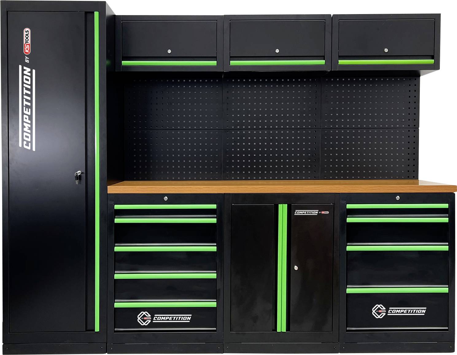 Jednostka magazynowa warsztatu wyposażona jest w wysoki regał, górne szafki oraz dolne szuflady z zielonymi akcentami. Zapewnia obszerną przestrzeń do przechowywania narzędzi.