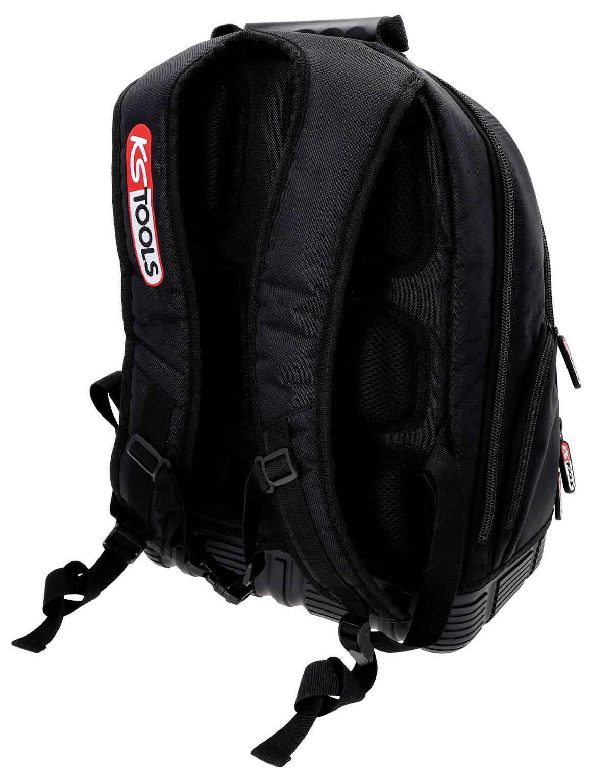 Czarny plecak KS Tools z wyściełanymi paskami i wieloma komorami, zaprojektowany do przenoszenia narzędzi.