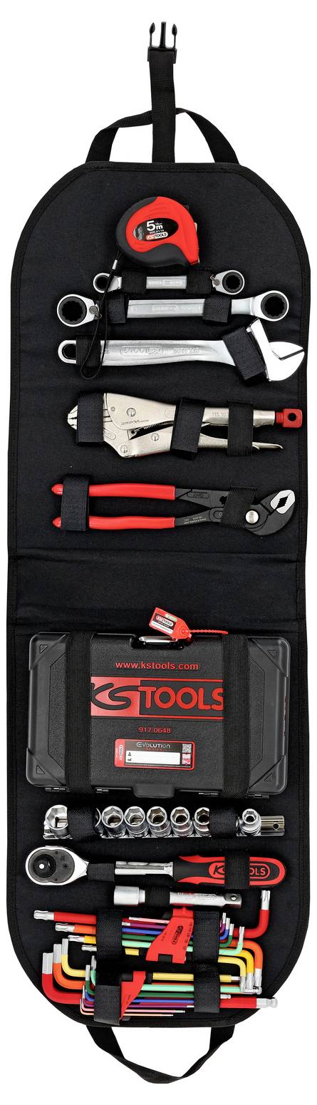 Czarny pokrowiec na narzędzia z różnymi narzędziami, w tym kluczami, szczypcami, miarką zwijającą i kluczami sześciokątnymi, ułożonymi w wyznaczonych przegródkach.