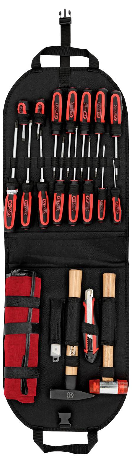 Czarno-czerwony zestaw narzędzi składający się z wkrętaków, młotka i noża, starannie ułożony w rozkładanym etui do wygodnego przenoszenia.