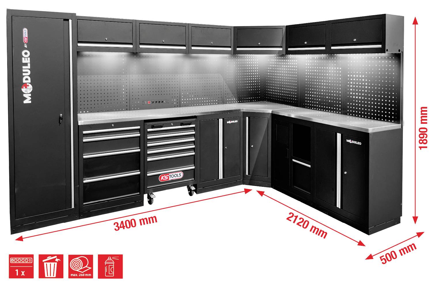 Modułowa stacja robocza w kształcie litery „L" z wysokimi szafkami, szufladami i blatem roboczym. Wymiary: 3400 mm x 2120 mm x 1890 mm. Matowe wykończenie w kolorze czarnym.