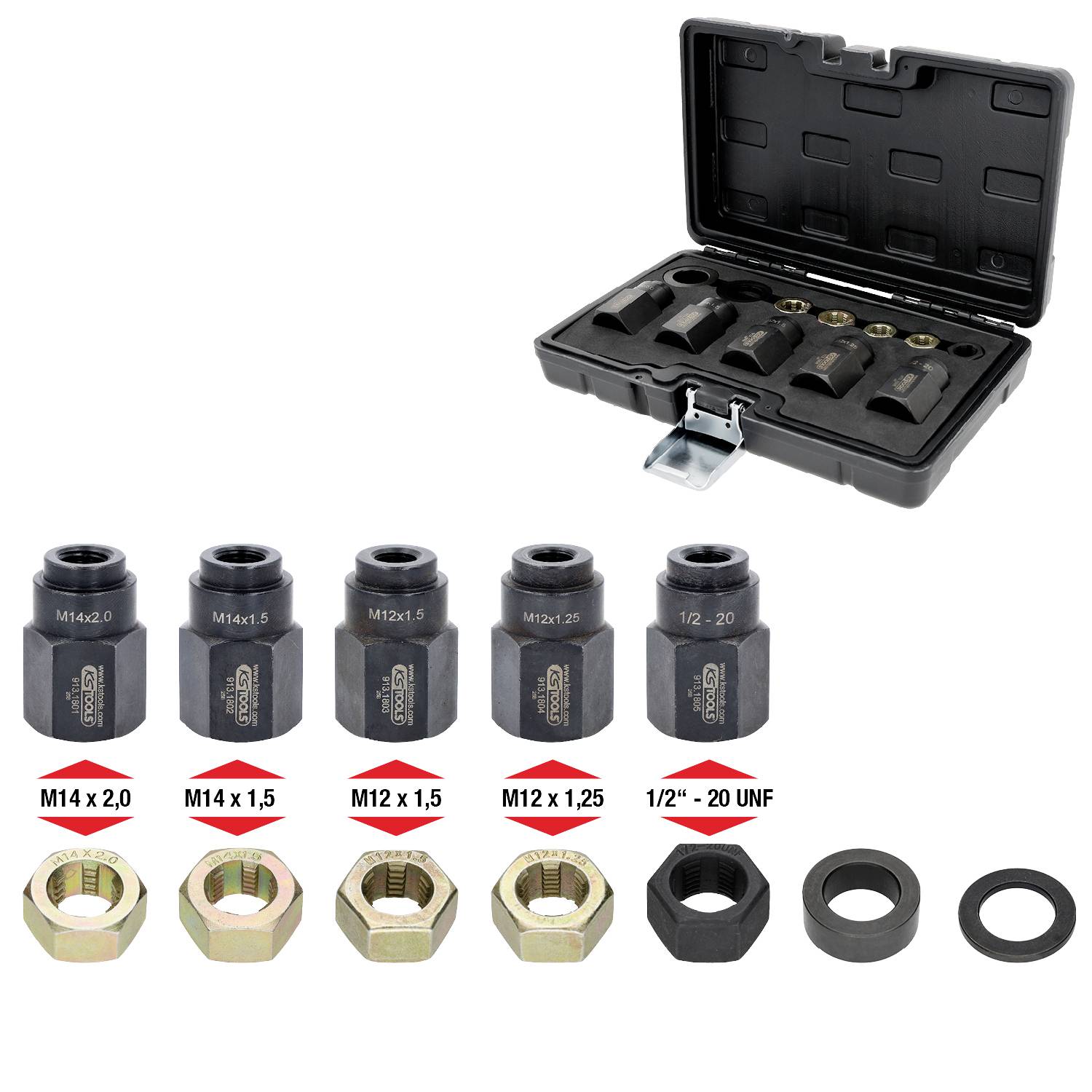 Zestaw sześciu narzędzi do usuwania nakrętek zabezpieczających koła w etui, oznaczonych różnymi rozmiarami do różnych rodzajów gwintu, z odpowiednimi nakrętkami poniżej.