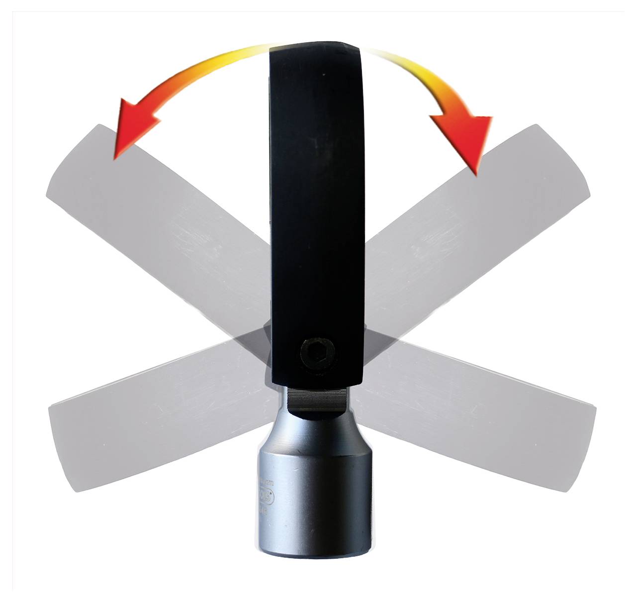 Czarna rączka z srebrną podstawą obraca się w łuku 180-stopniowym, wskazanym przez czerwone i pomarańczowe strzałki.