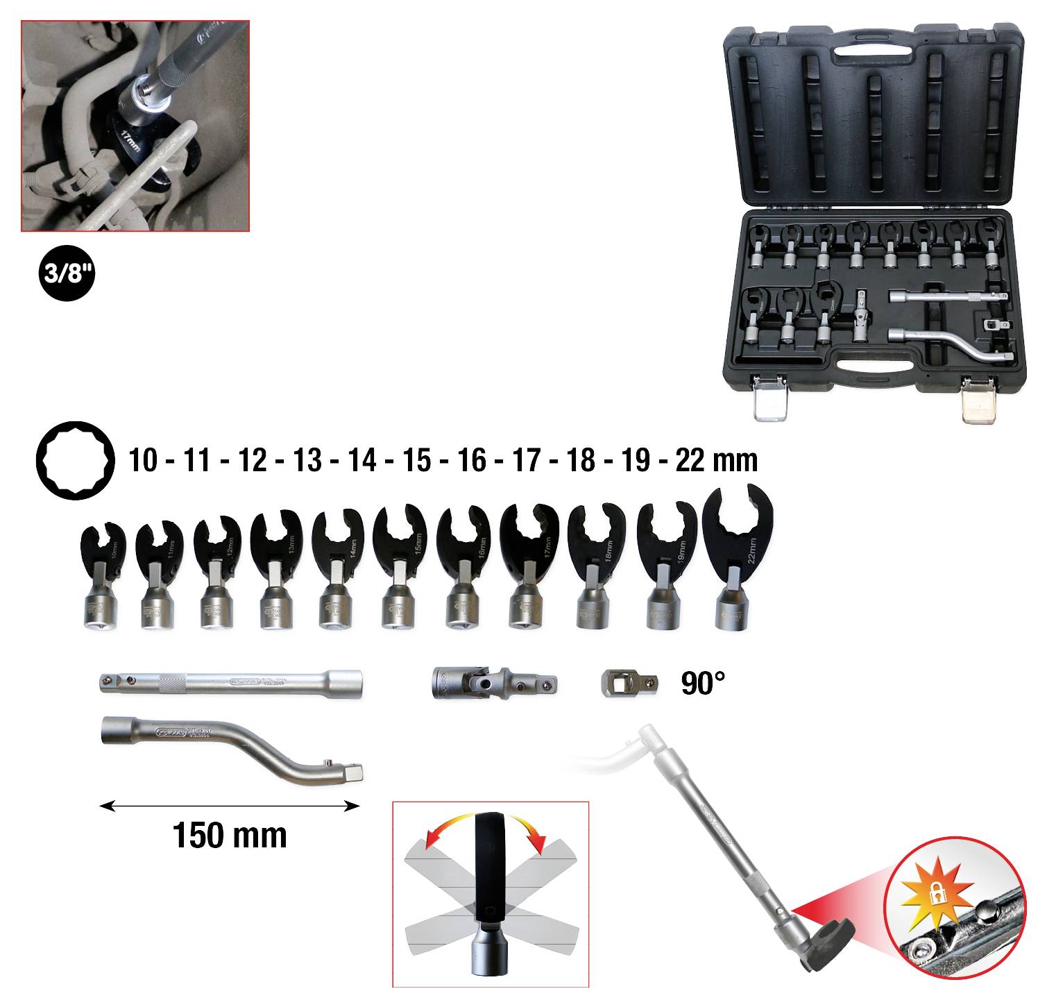 Zestaw kluczy płasko-oczkowych w etui, o rozmiarach od 10 do 22 mm, z regulowanym uchwytem i diagramem przedstawiającym ruch zgięciowy.