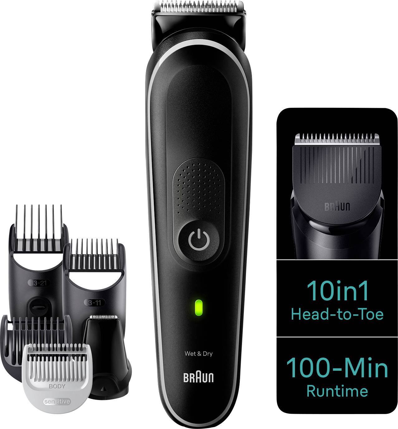 Czarny trymer do włosów z kompletem nakładek, oznaczony etykietami '10 w 1 Od Głowy do Stóp' i '100-minutowy Czas Pracy', odpowiedni do użytku na mokro i sucho.