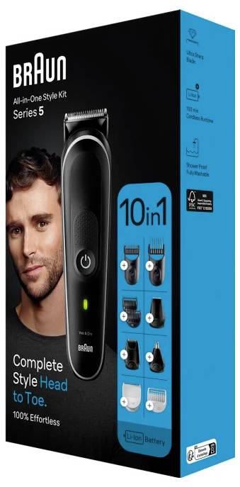 'Zestaw do stylizacji Braun Series 5 Wszystko w Jednym. Kompletna stylizacja od głowy do stóp. 10-w-1 narzędzia do pielęgnacji, wodoodporne, długotrwała bateria.'