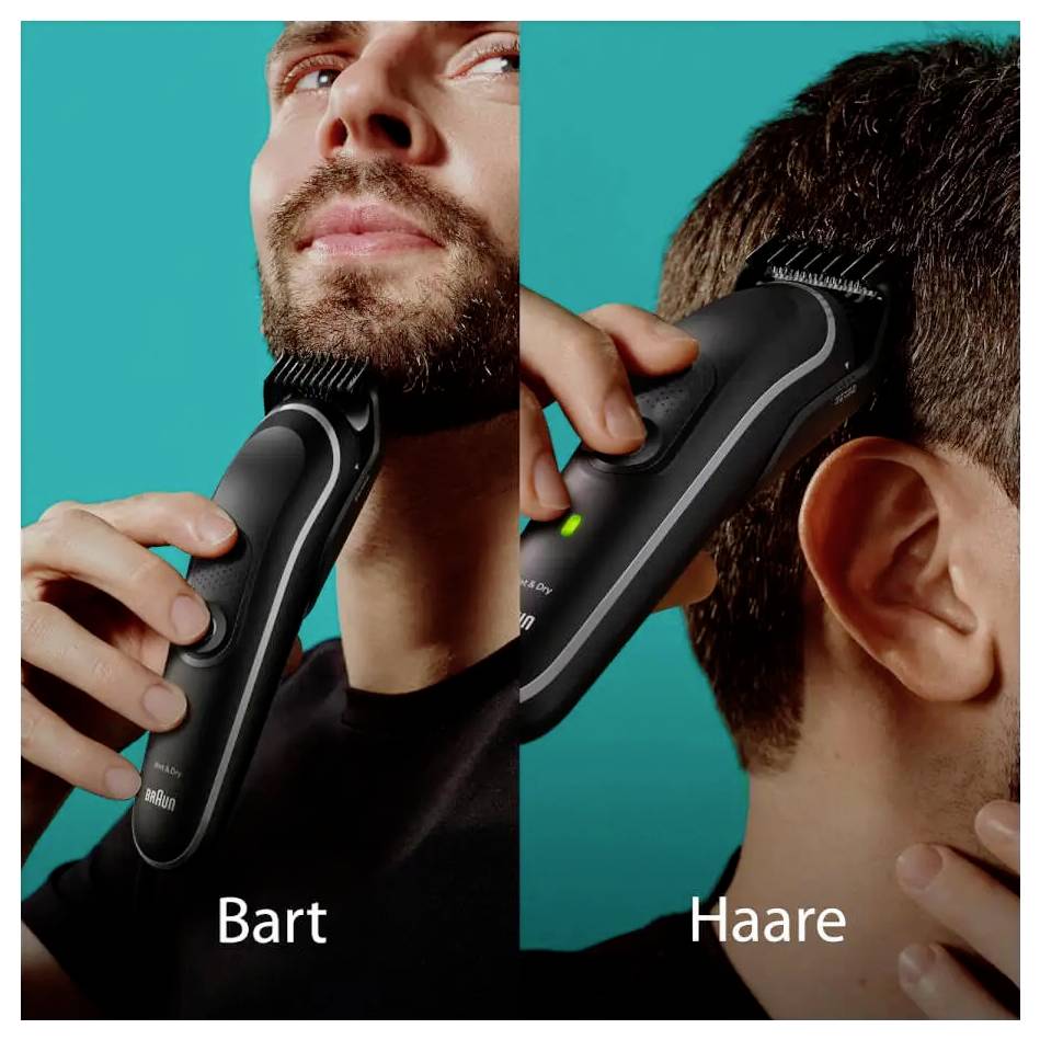 Zbliżenie przedstawiające mężczyznę używającego trymera do przycinania zarostu (brody) i włosów na głowie, demonstrując podwójną funkcjonalność.