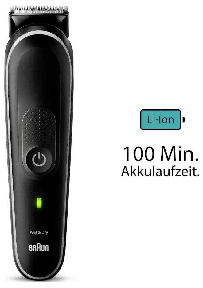 Elektryczna maszynka do strzyżenia z przyciskiem włączania i wskaźnikiem LED, oznaczona jako 'Mokro & Sucho' z napisem '100 Min. Czas pracy akumulatora' obok ikony Li-Ion.