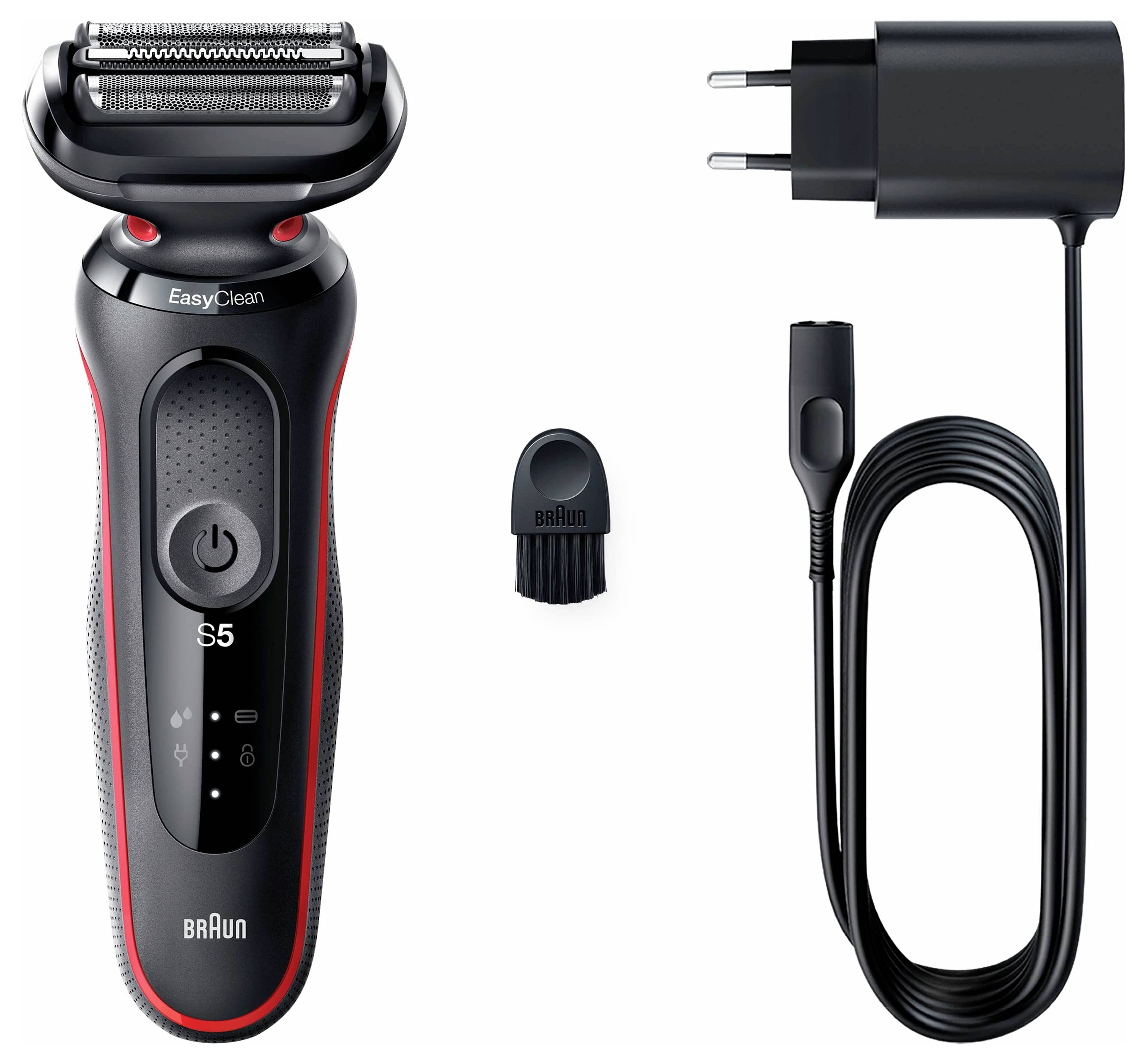 Zestaw golarki elektrycznej, w skład którego wchodzi golarka bezprzewodowa, szczoteczka do czyszczenia oraz kabel ładujący. Golarka posiada etykietę 'EasyClean'.