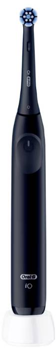 Czarna elektryczna szczoteczka do zębów z małą, okrągłą główką szczoteczki, umieszczona na białej stacji ładującej.