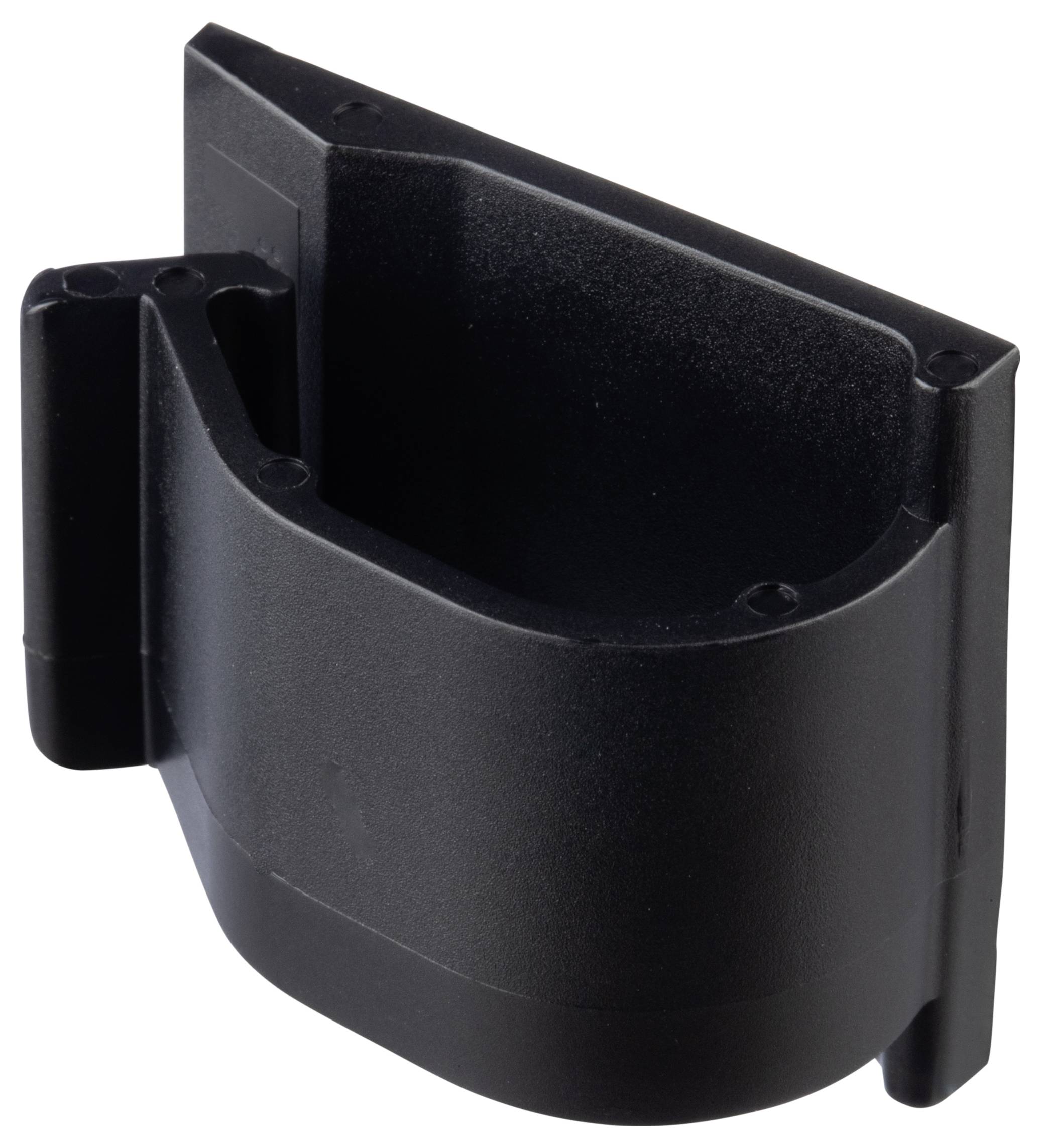 Czarny, naścienny uchwyt lub wspornik zaprojektowany do zamocowania określonego przedmiotu, o prostej, zakrzywionej konstrukcji i otworach montażowych.