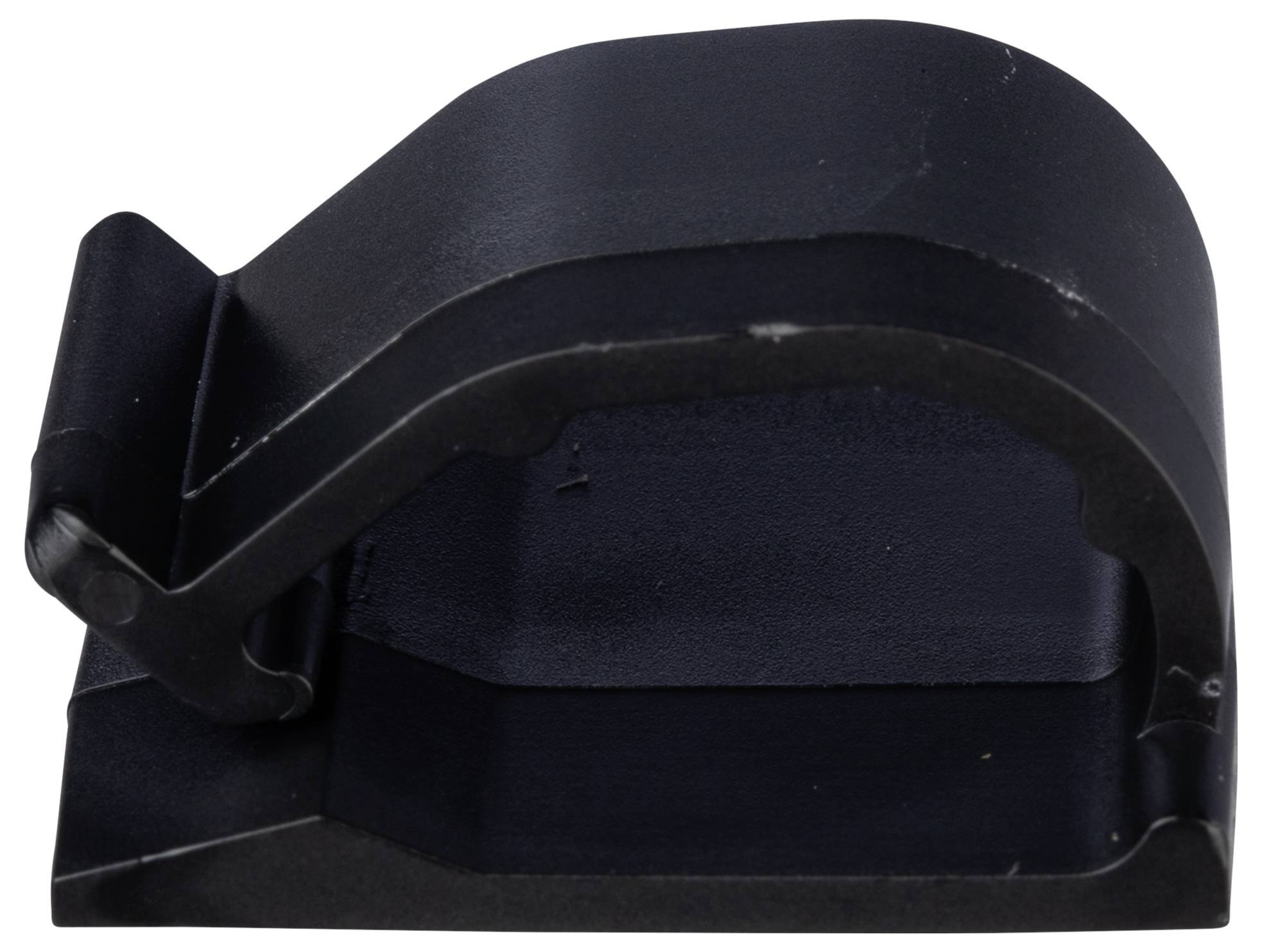 Czarny plastikowy klips o zakrzywionej konstrukcji, prawdopodobnie używany do pewnego mocowania obiektów, przedstawiony na prostym białym tle.